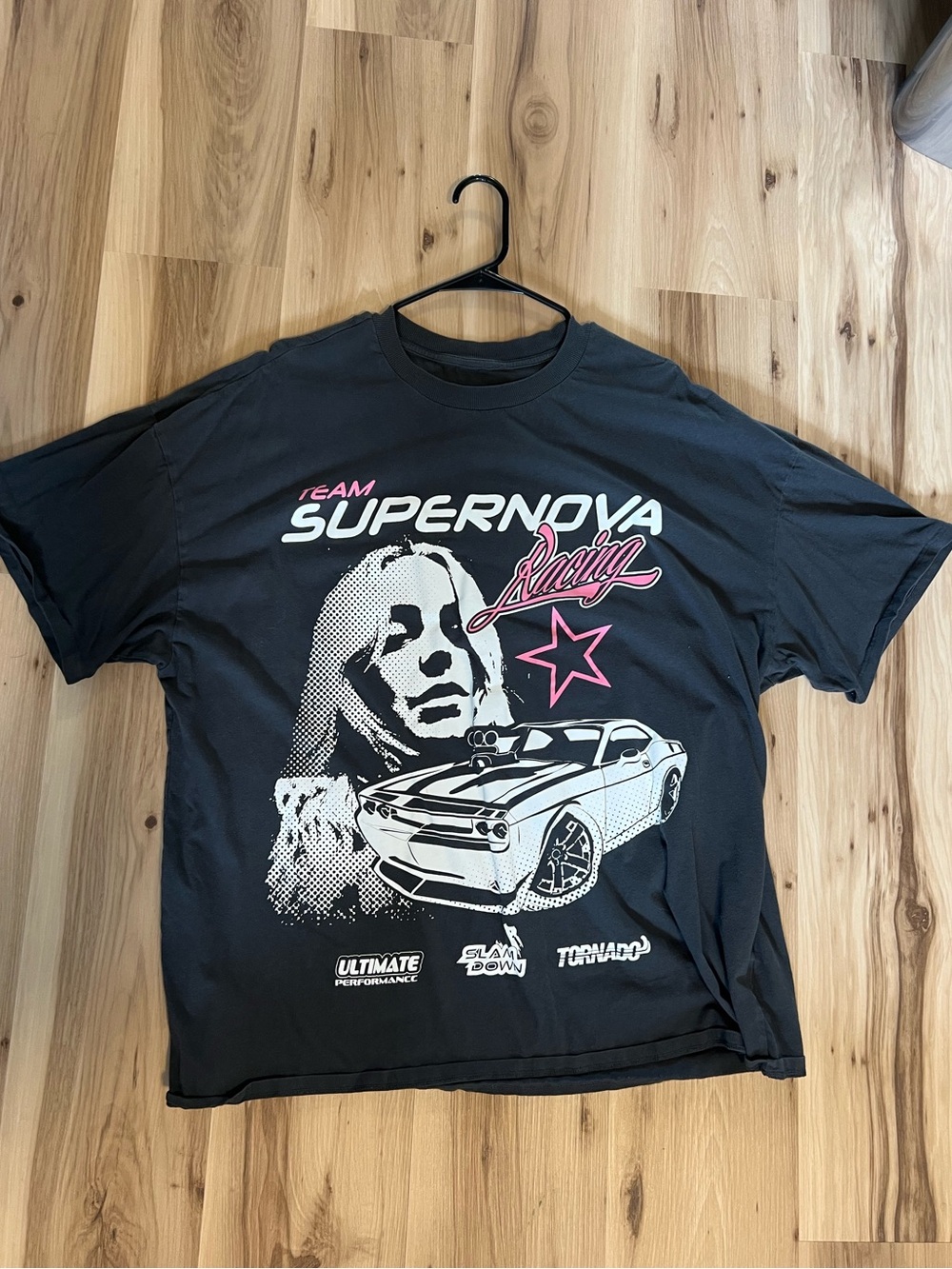 H&M Black Supernova Racing Graphic Tee with White and Pink Accents